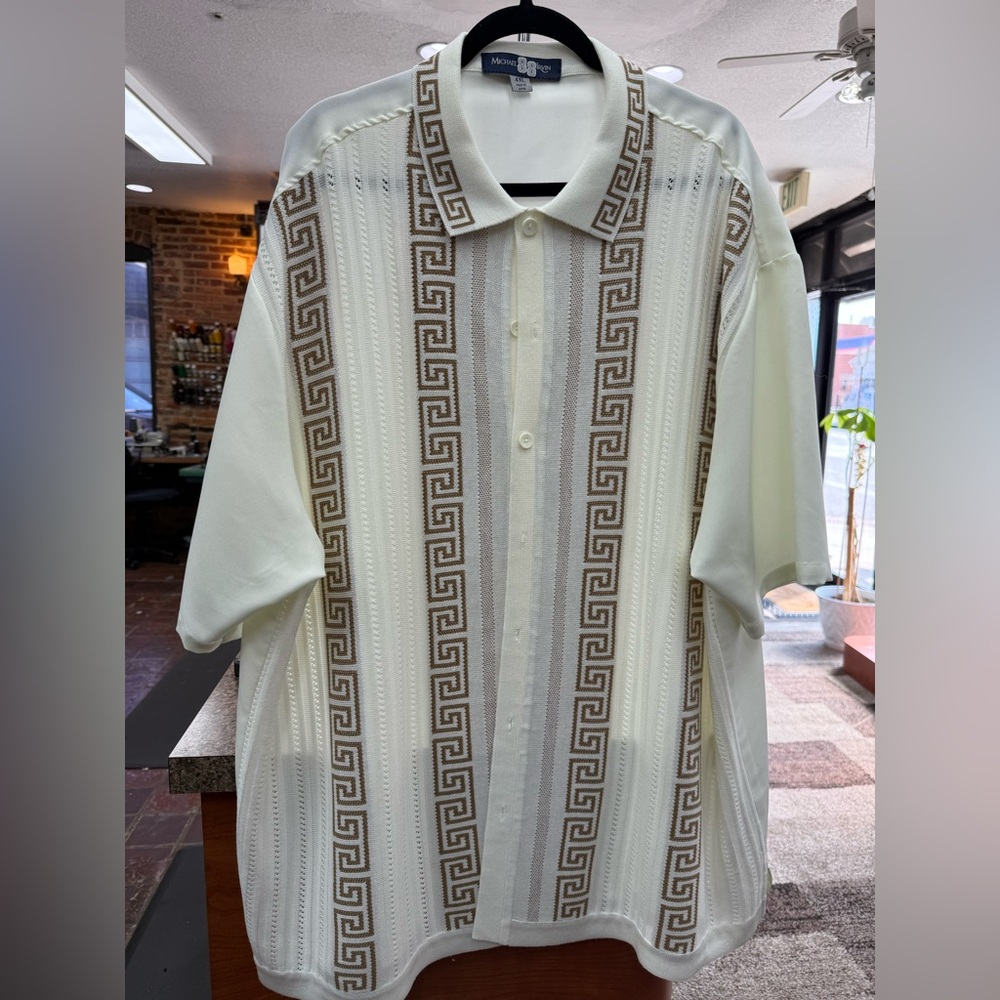 Versace-Style Cream Polo with Brown Geometric Stripe